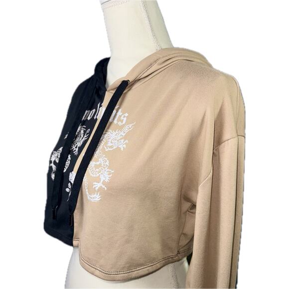 No Boundaries Crop Hoodie Sz 11/13 Dragon Graphic Colorblock Black Tan Y2K Style - Picture 2 of 6